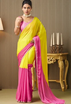 Color Blocked Chiffon Saree in Yellow and Pink