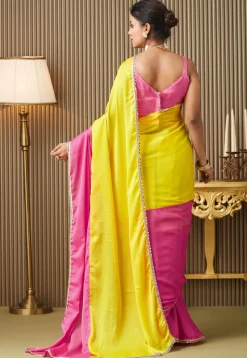 Color Blocked Chiffon Saree in Yellow and Pink