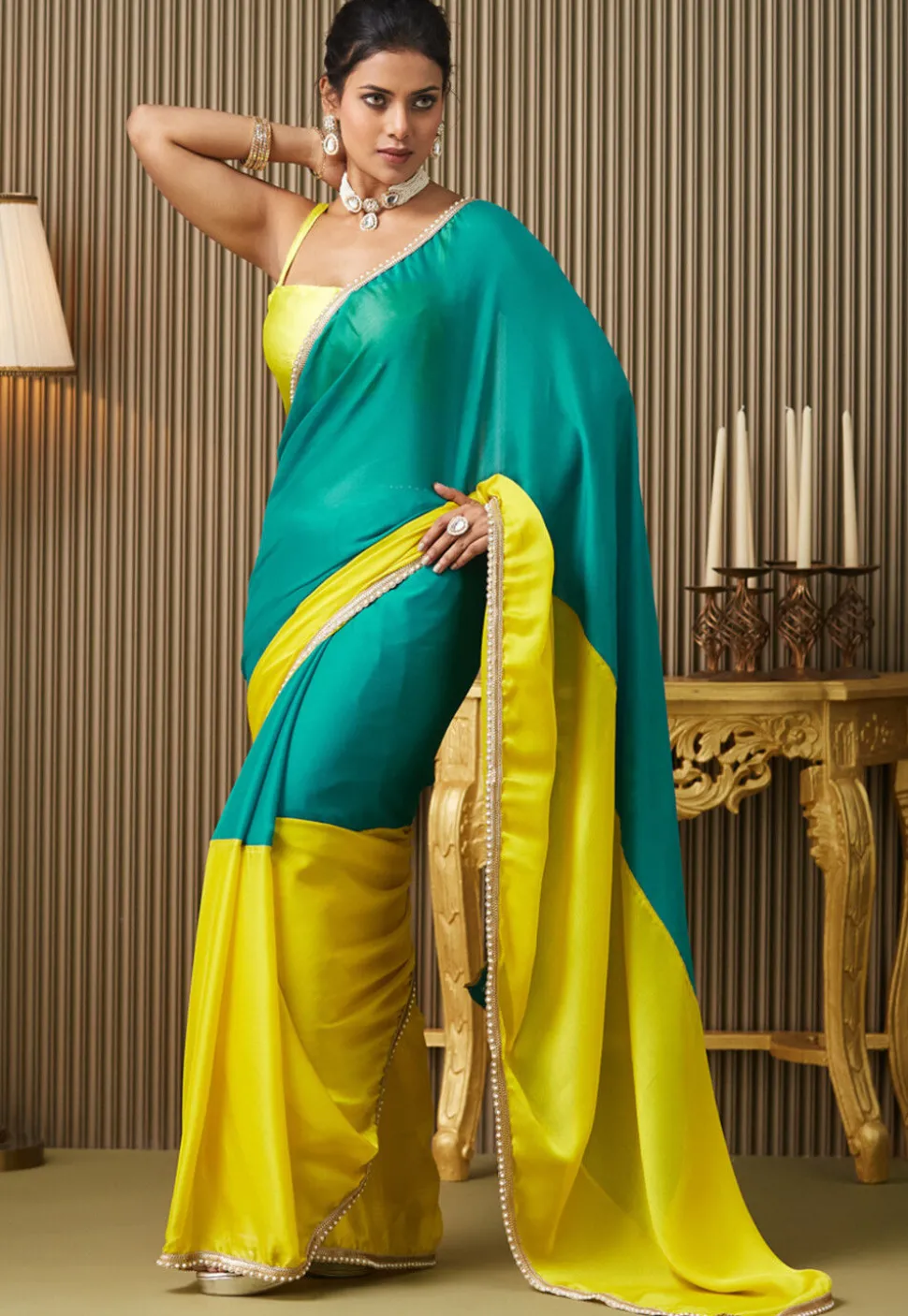 Color Blocked Chiffon Saree in Turquoise and Yellow