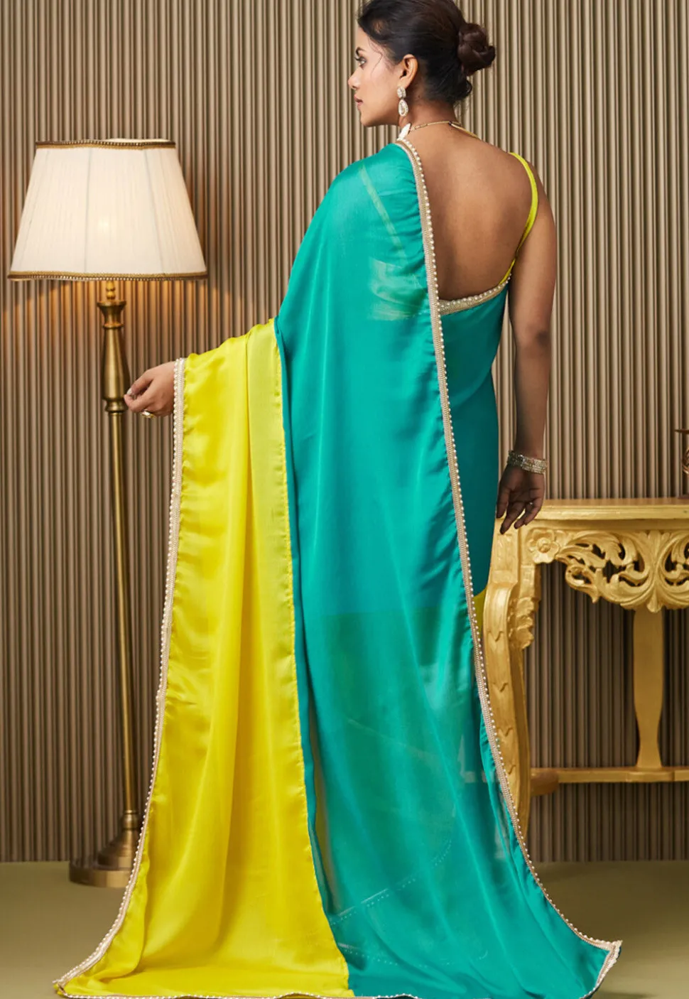 Color Blocked Chiffon Saree in Turquoise and Yellow
