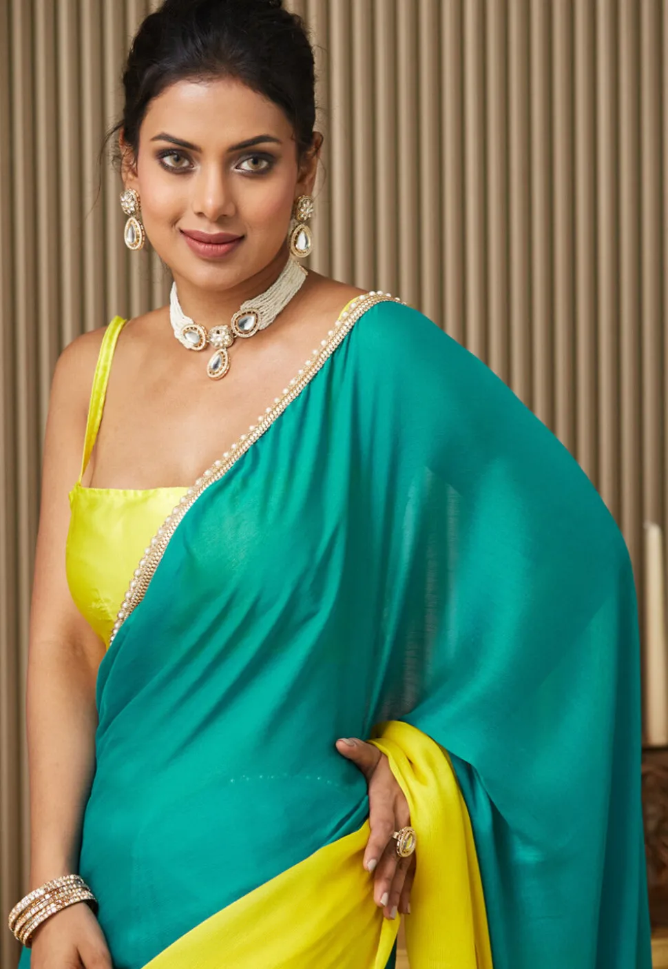 Color Blocked Chiffon Saree in Turquoise and Yellow