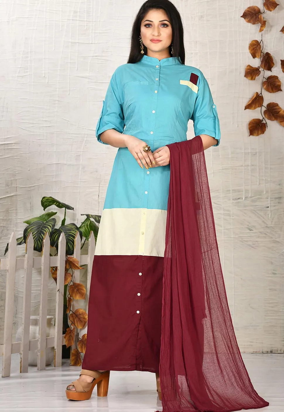 Color Blocked Cotton Abaya Style Suit in Light Blue and Maroon