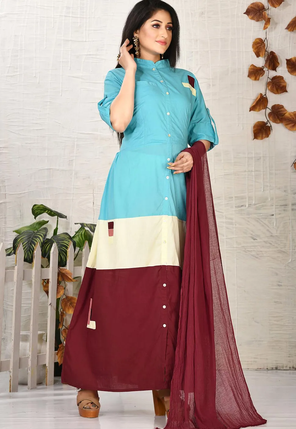 Color Blocked Cotton Abaya Style Suit in Light Blue and Maroon