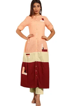 Color Blocked Cotton A-Line Kurta in Peach and Maroon
