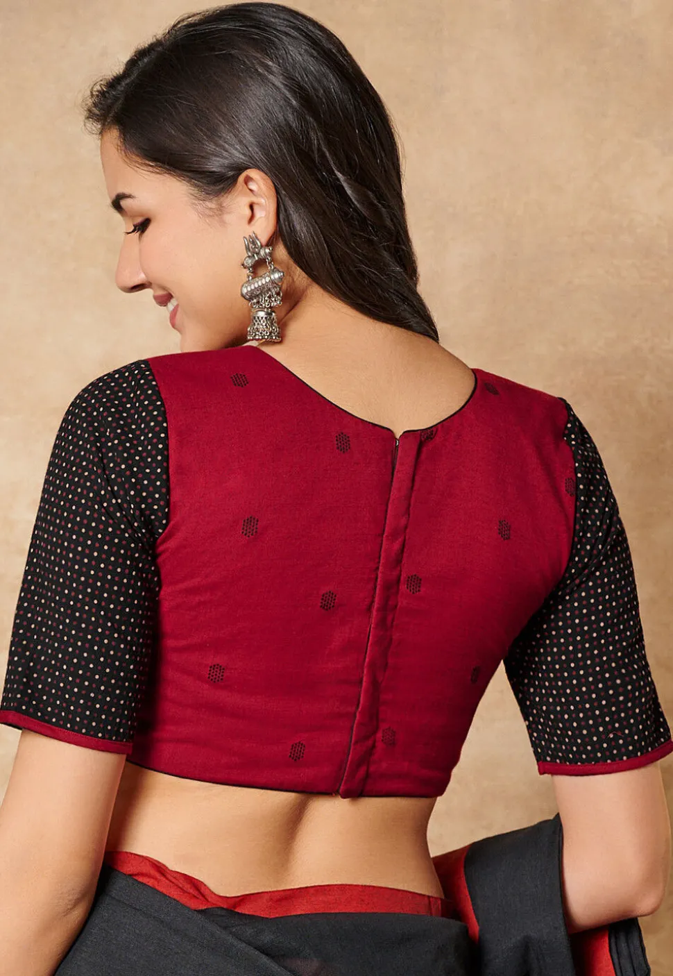 Color Blocked Cotton Blouse in Black and Red
