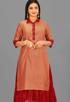 Color Blocked Cotton Chanderi Layered Kurta in Peach and Red