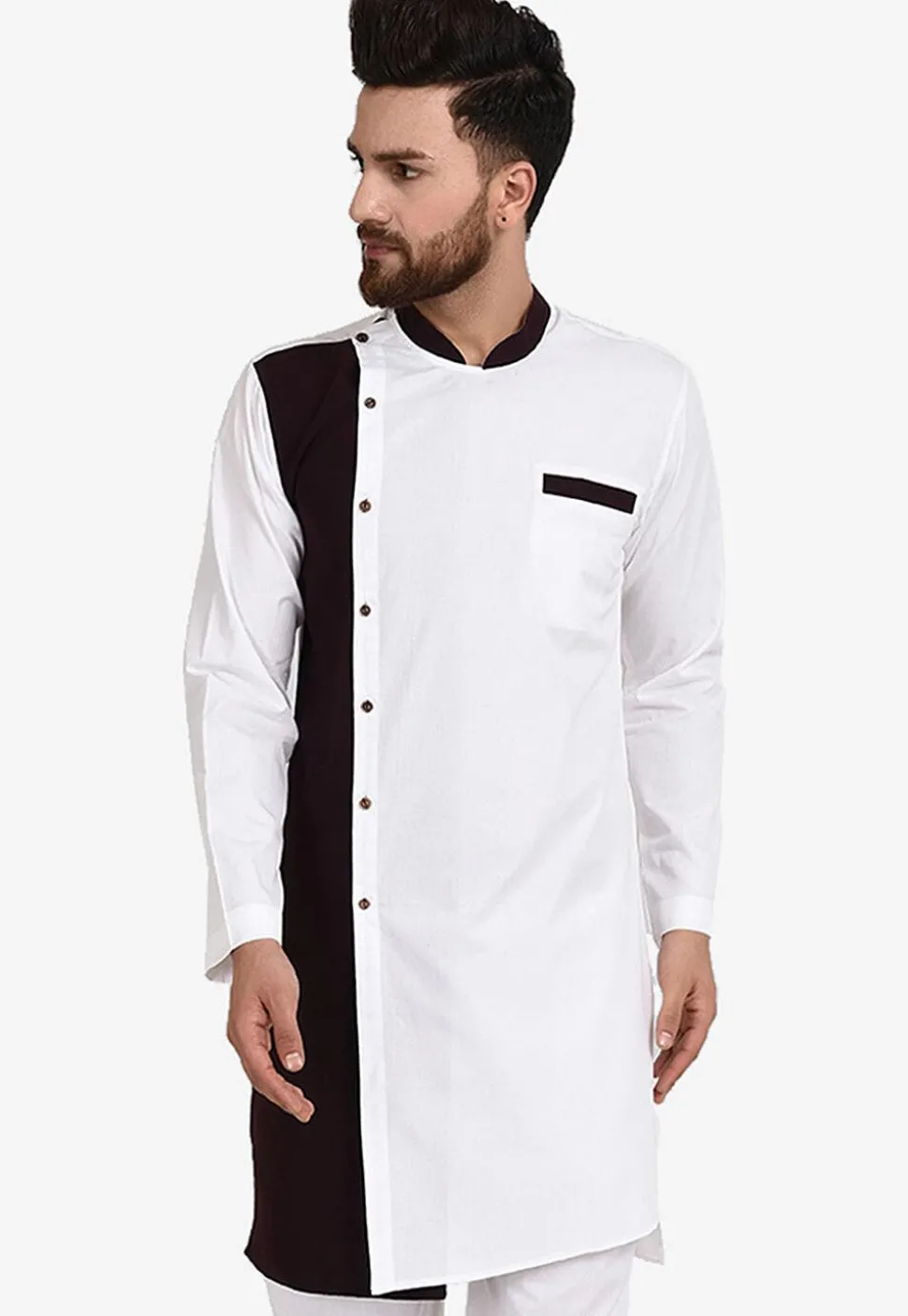 Color Blocked Cotton Kurta in White