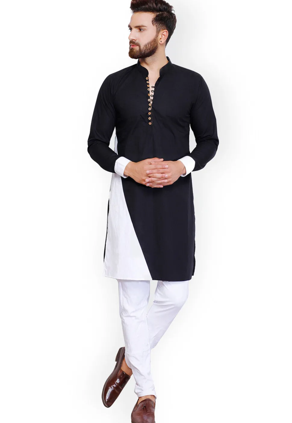 Color Blocked Cotton Kurta Set in Black