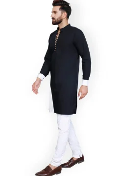 Color Blocked Cotton Kurta Set in Black