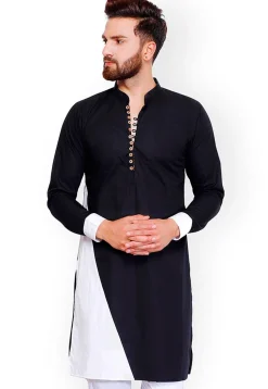 Color Blocked Cotton Kurta in Black