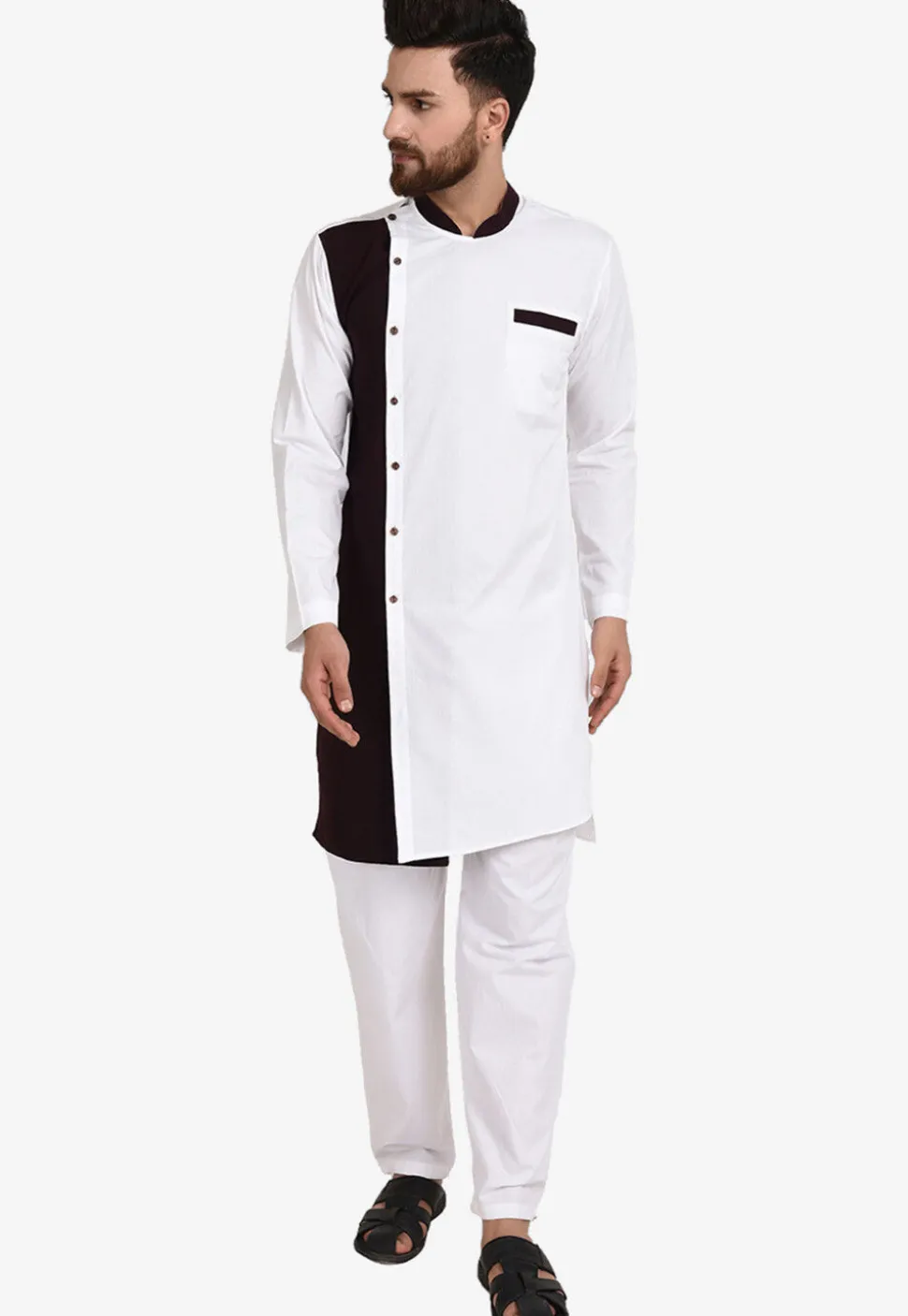 Color Blocked Cotton Kurta Set in White