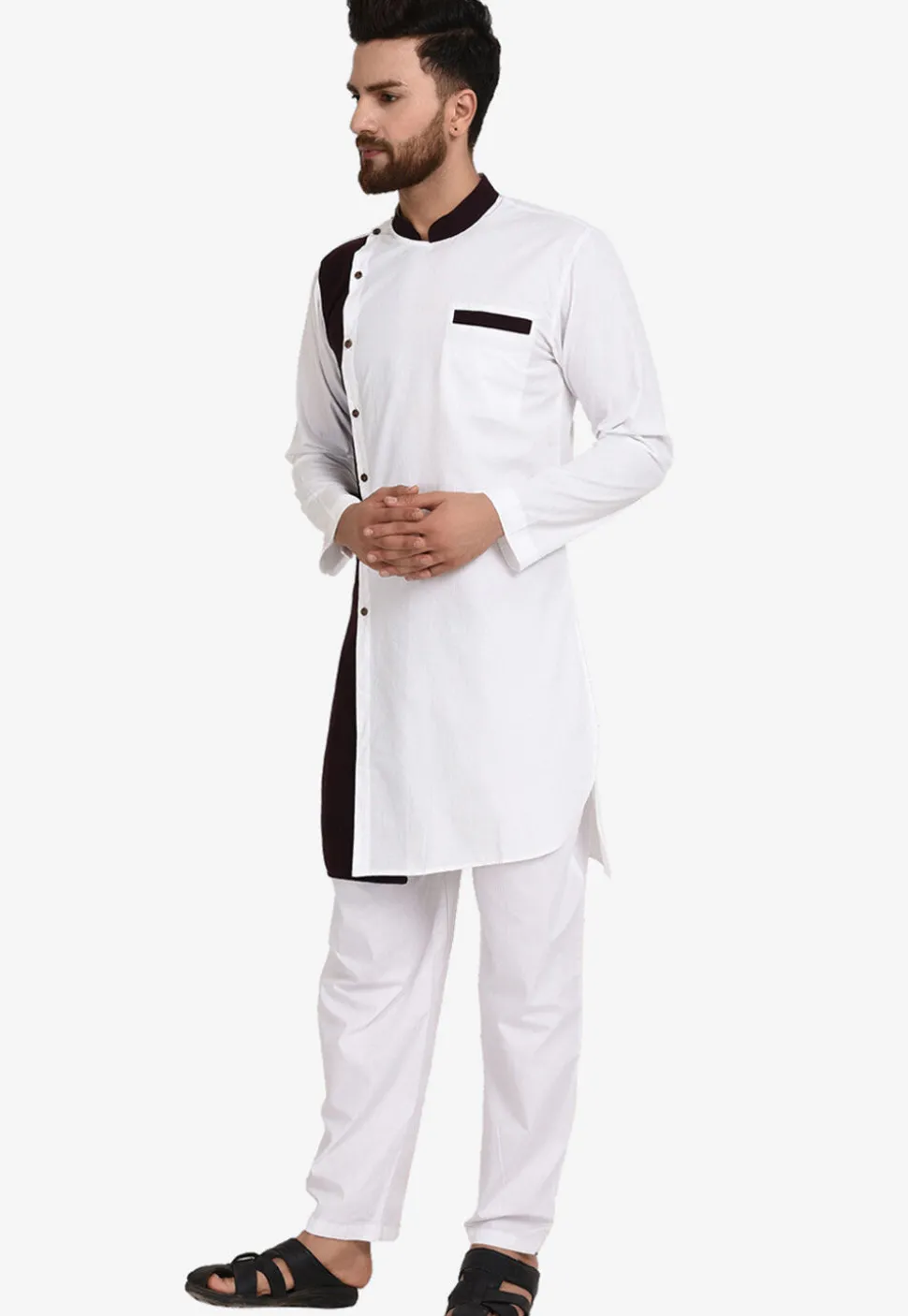 Color Blocked Cotton Kurta Set in White
