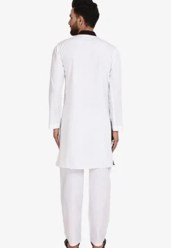 Color Blocked Cotton Kurta Set in White