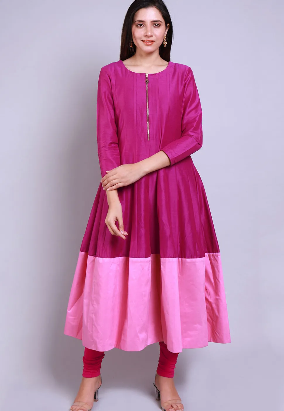 Color Blocked Cotton Silk Anarkali Kurta Set in Magenta