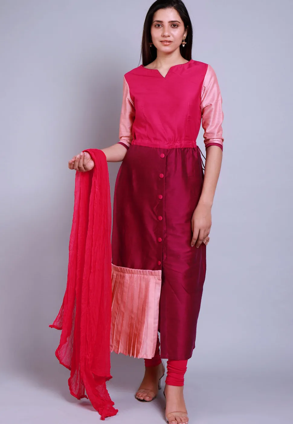 Color Blocked Cotton Silk Straight Suit in Magenta and Fuchsia
