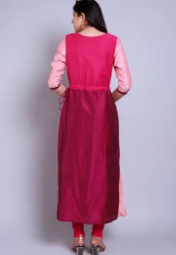 Color Blocked Cotton Silk Straight Suit in Magenta and Fuchsia