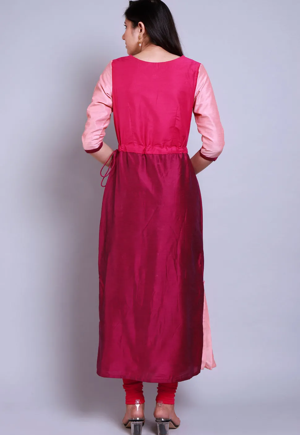 Color Blocked Cotton Silk Straight Suit in Magenta and Fuchsia