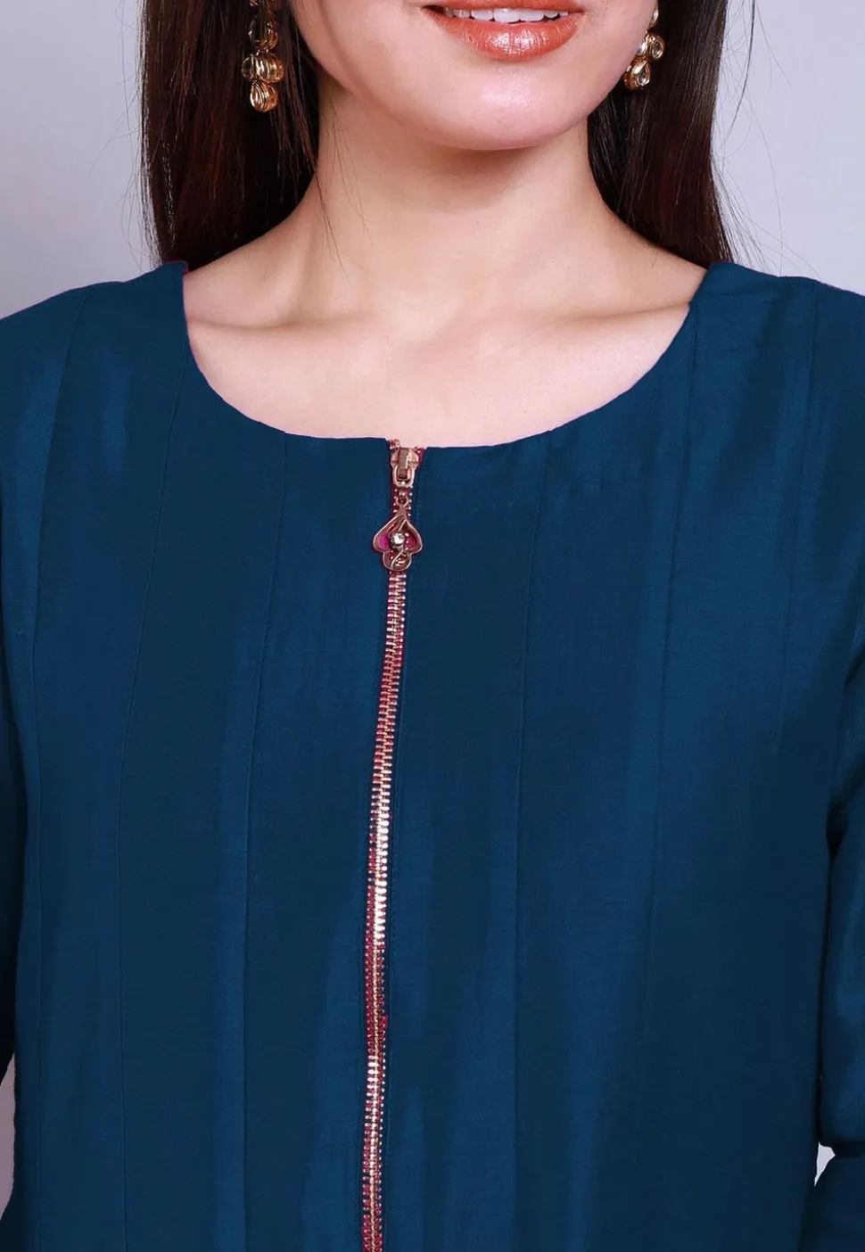 Color Blocked Cotton Silk Anarkali Suit in Blue and Grey