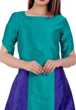 Color Blocked Dupion Silk A Line Kurta in Green and Royal Blue