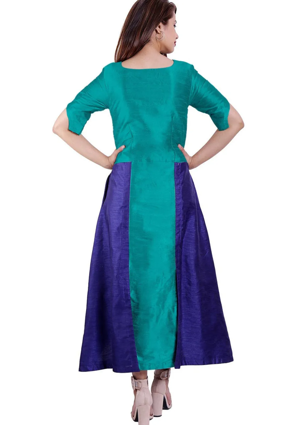 Color Blocked Dupion Silk A Line Kurta in Green and Royal Blue