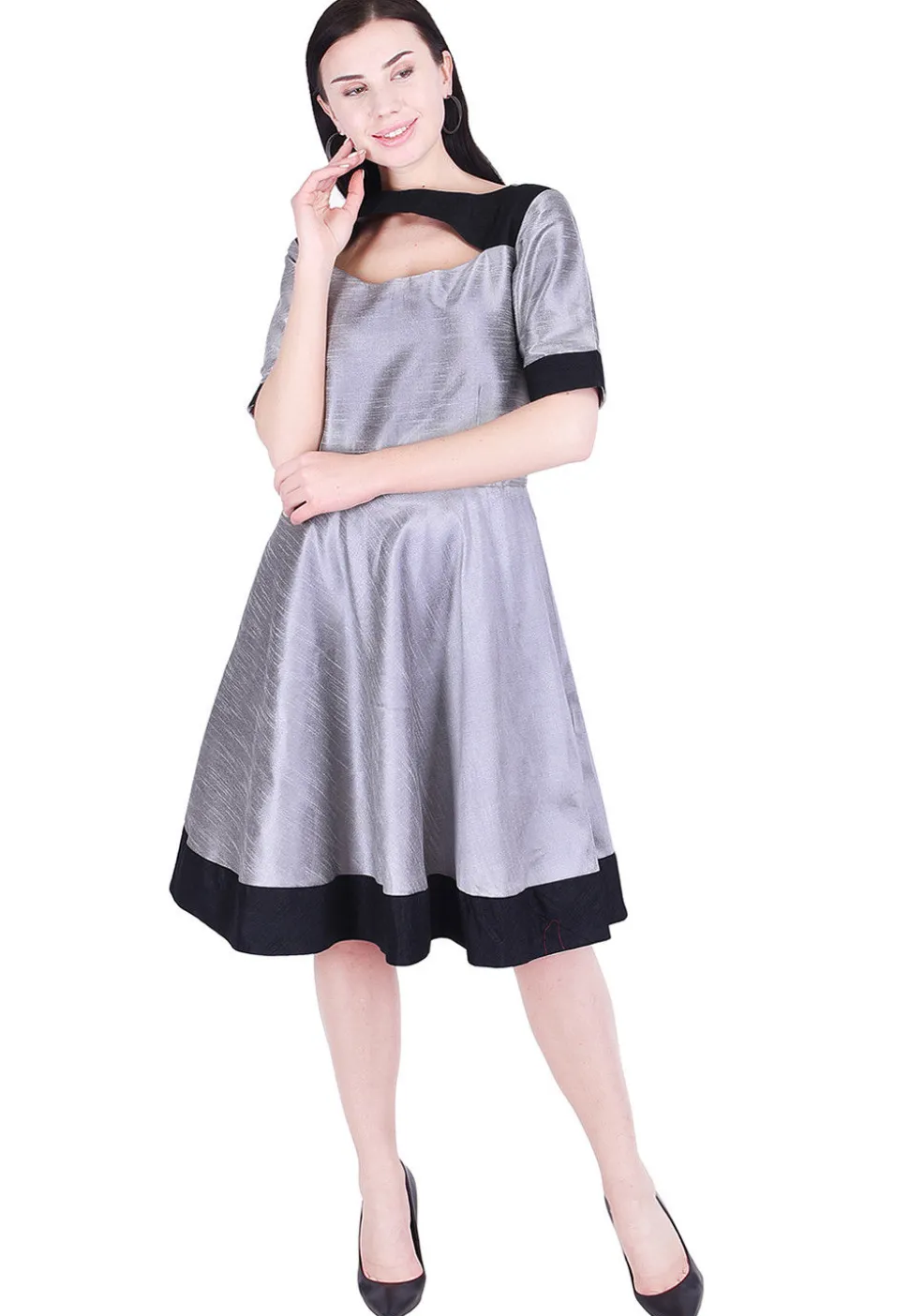 Color Blocked Dupion Silk A Line Dress in Grey and Black