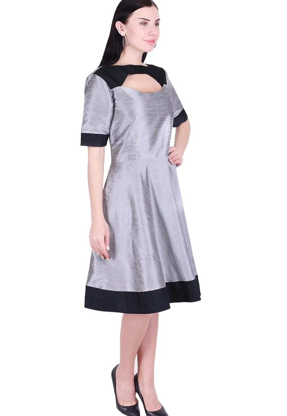 Color Blocked Dupion Silk A Line Dress in Grey and Black