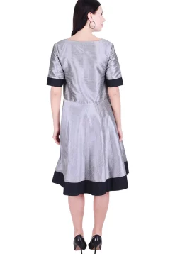 Color Blocked Dupion Silk A Line Dress in Grey and Black