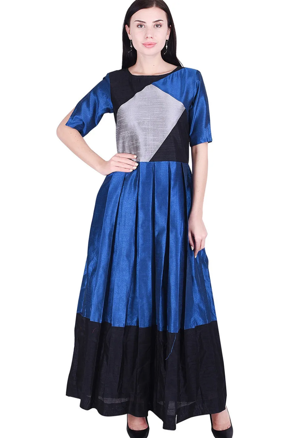 Color Blocked Dupion Silk Pleated Dress in Blue and Black
