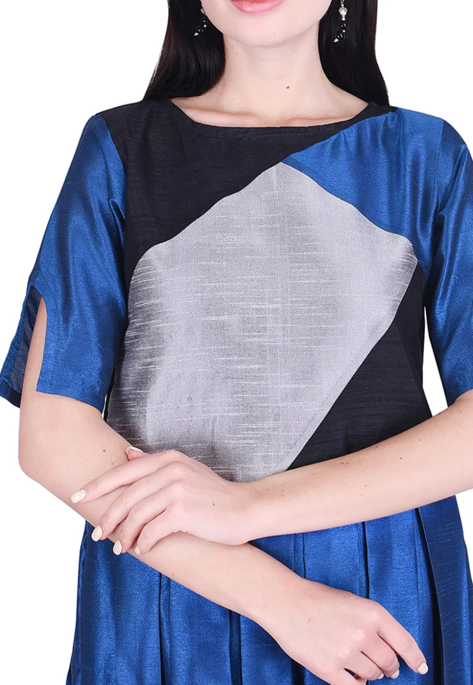 Color Blocked Dupion Silk Pleated Dress in Blue and Black