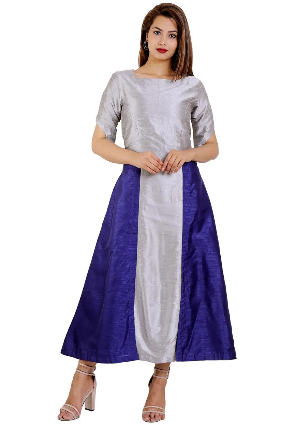 Color Blocked Dupion Silk A Line Kurta in Grey and Navy Blue