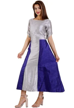 Color Blocked Dupion Silk A Line Kurta in Grey and Navy Blue