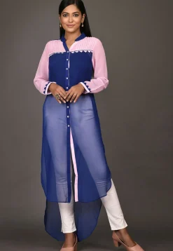 Color Blocked Georgette High Low Kurta in Navy Blue and Pink