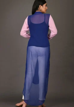 Color Blocked Georgette High Low Kurta in Navy Blue and Pink
