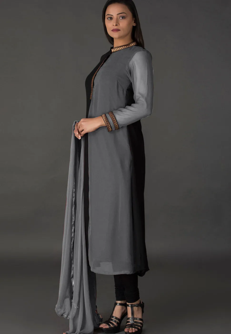 Color Blocked Georgette Straight Suit in Black and Grey
