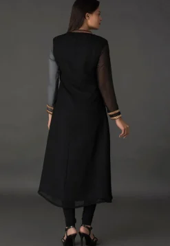 Color Blocked Georgette Straight Suit in Black and Grey