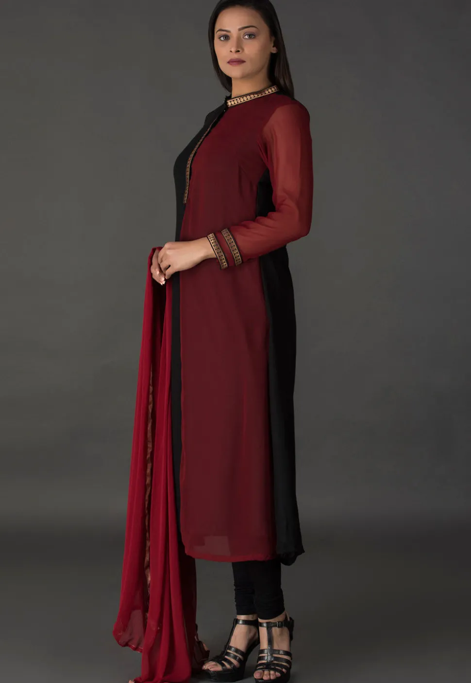 Color Blocked Georgette Straight Suit in Black and Maroon