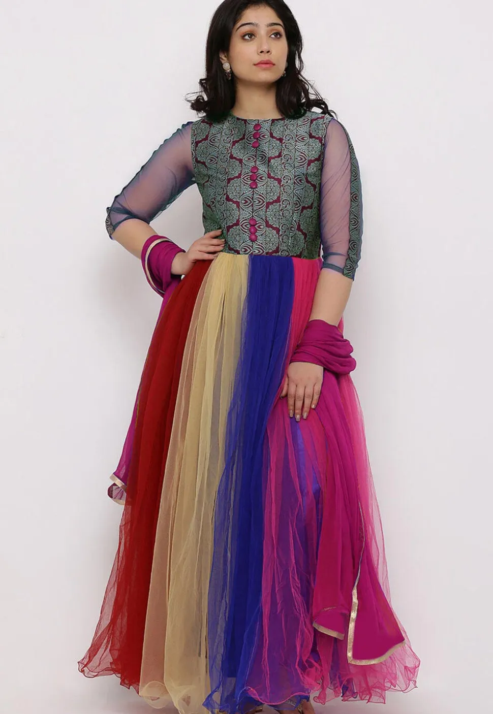 Color Blocked Net Abaya Style Suit in Multicolor