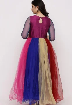 Color Blocked Net Abaya Style Suit in Multicolor