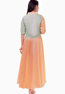 Color Blocked Uppada Silk A Line Suit in Light Peach and Grey