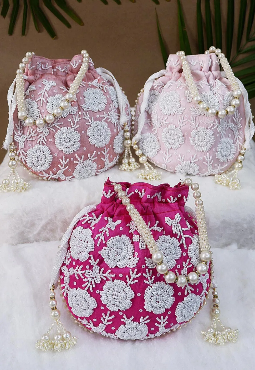 Combo Hand Embroidered Art Silk Potli Bag in Pink