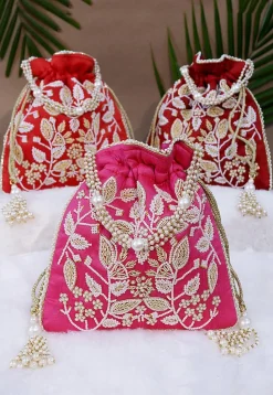 Combo Hand Embroidered Art Silk Potli Bag in Red and Pink