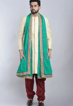 Contrast Border Art Chinon Crepe Dupatta in Sea Green