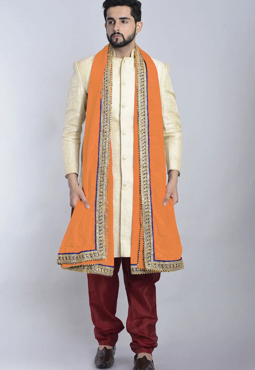 Contrast Border Art Chinon Crepe Dupatta in Light Peach