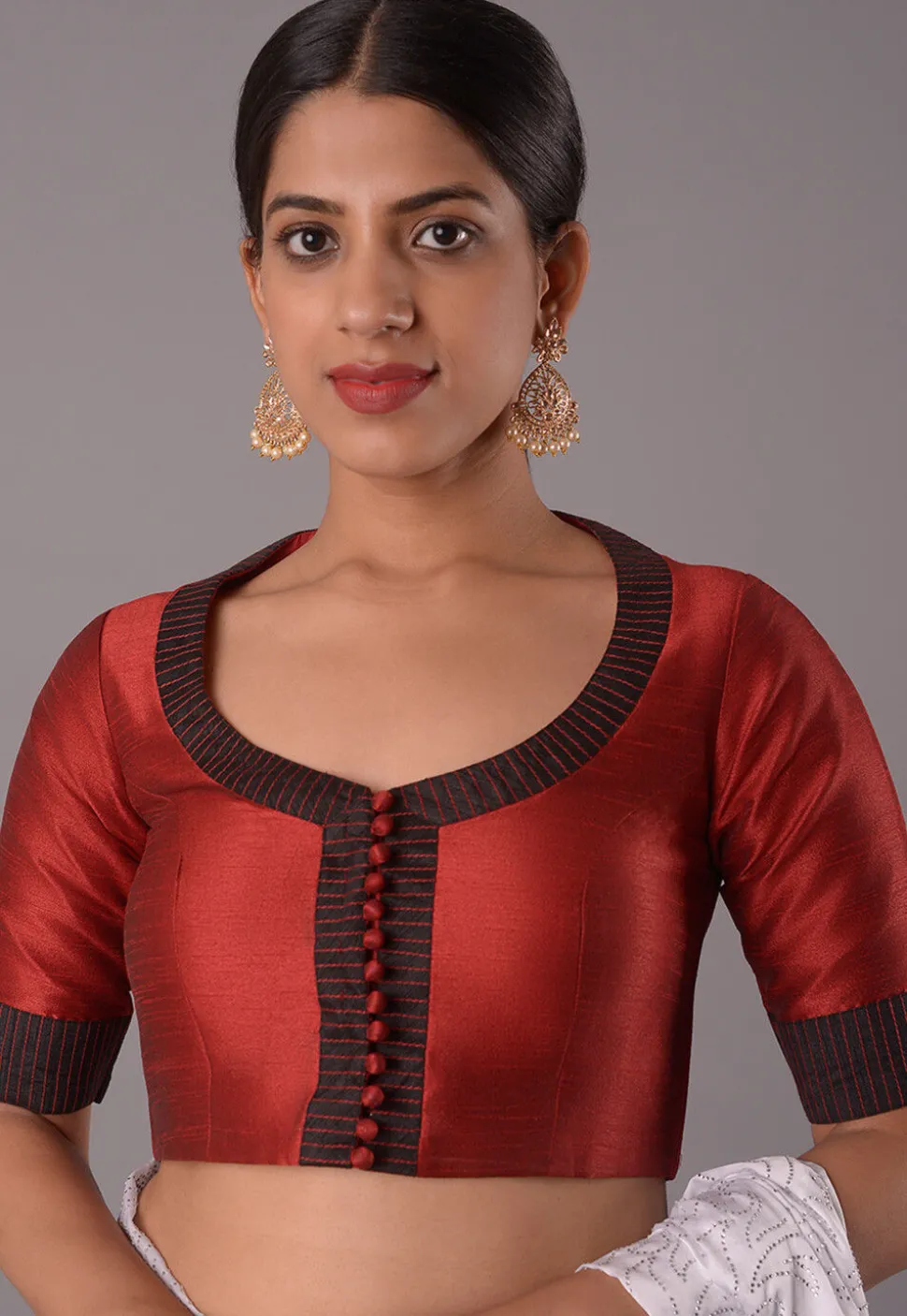 Contrast Border Art Silk Blouse in Maroon