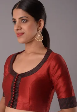 Contrast Border Art Silk Blouse in Maroon