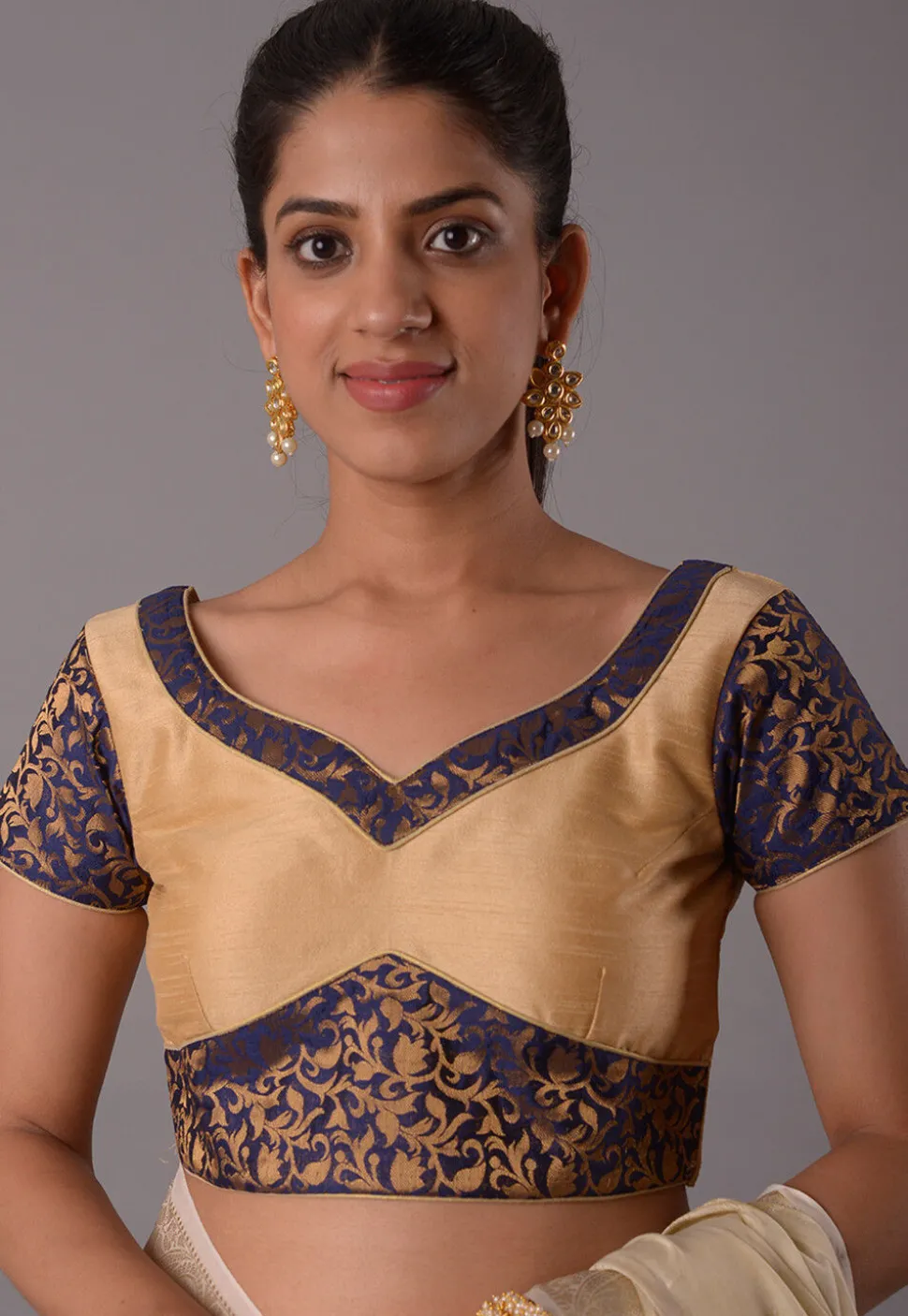 Contrast Border Art Silk Jacquard Blouse in Beige And Navy Blue