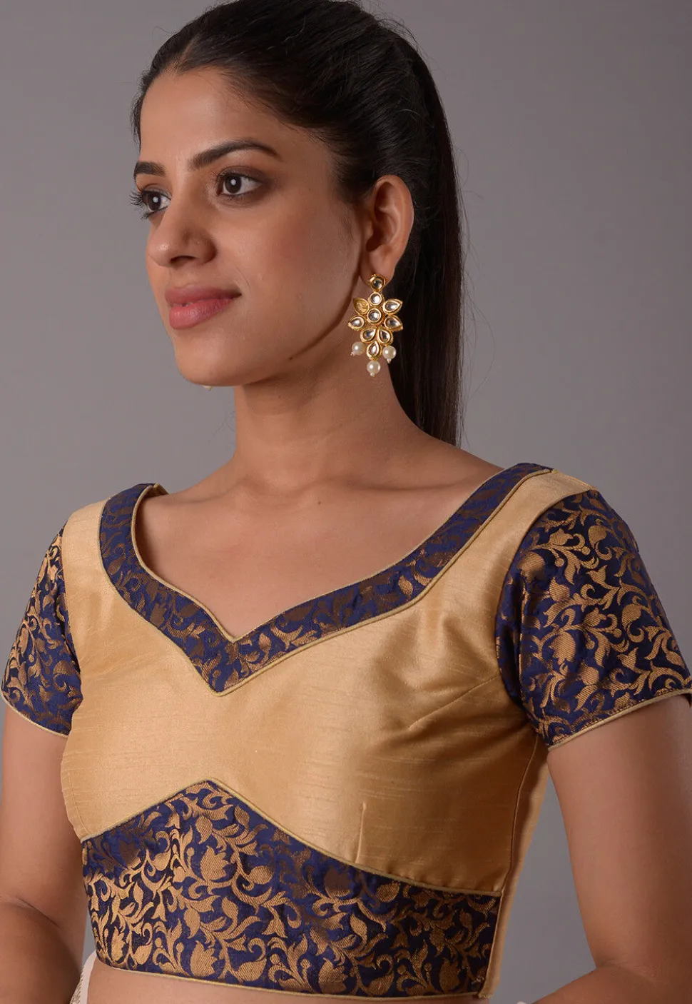 Contrast Border Art Silk Jacquard Blouse in Beige And Navy Blue