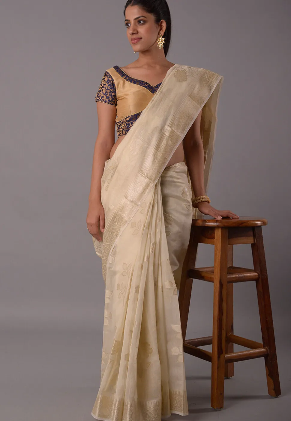 Contrast Border Art Silk Jacquard Blouse in Beige And Navy Blue