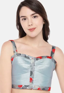 Contrast Border Art Silk Blouse in Sky Blue