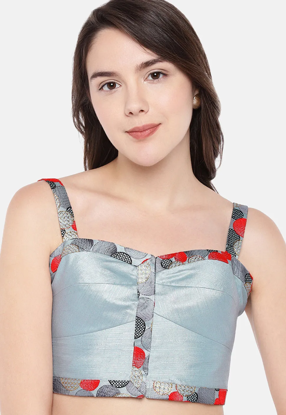 Contrast Border Art Silk Blouse in Sky Blue